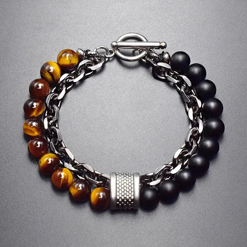 2 Layers Gun Black Stainless Steel Chain Bracelet Men's Tiger Eye Natural Stone Beads Bracelet for Men Beads Strand Braclet Gift