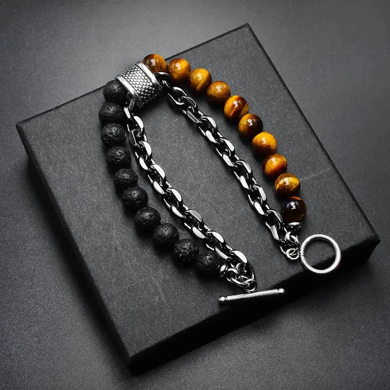 2 Layers Gun Black Stainless Steel Chain Bracelet Men's Tiger Eye Natural Stone Beads Bracelet for Men Beads Strand Braclet Gift