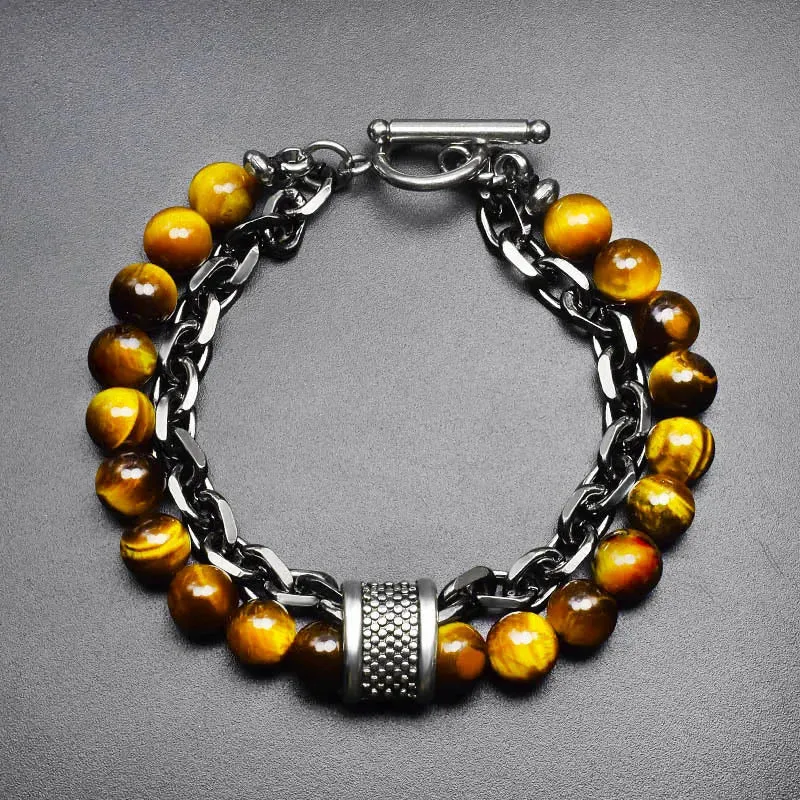 2 Layers Gun Black Stainless Steel Chain Bracelet Men's Tiger Eye Natural Stone Beads Bracelet for Men Beads Strand Braclet Gift