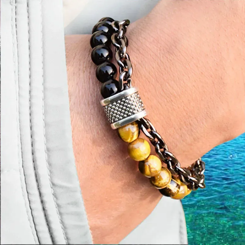 2 Layers Gun Black Stainless Steel Chain Bracelet Men's Tiger Eye Natural Stone Beads Bracelet for Men Beads Strand Braclet Gift