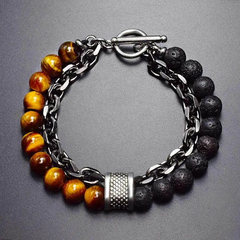 2 Layers Gun Black Stainless Steel Chain Bracelet Men's Tiger Eye Natural Stone Beads Bracelet for Men Beads Strand Braclet Gift