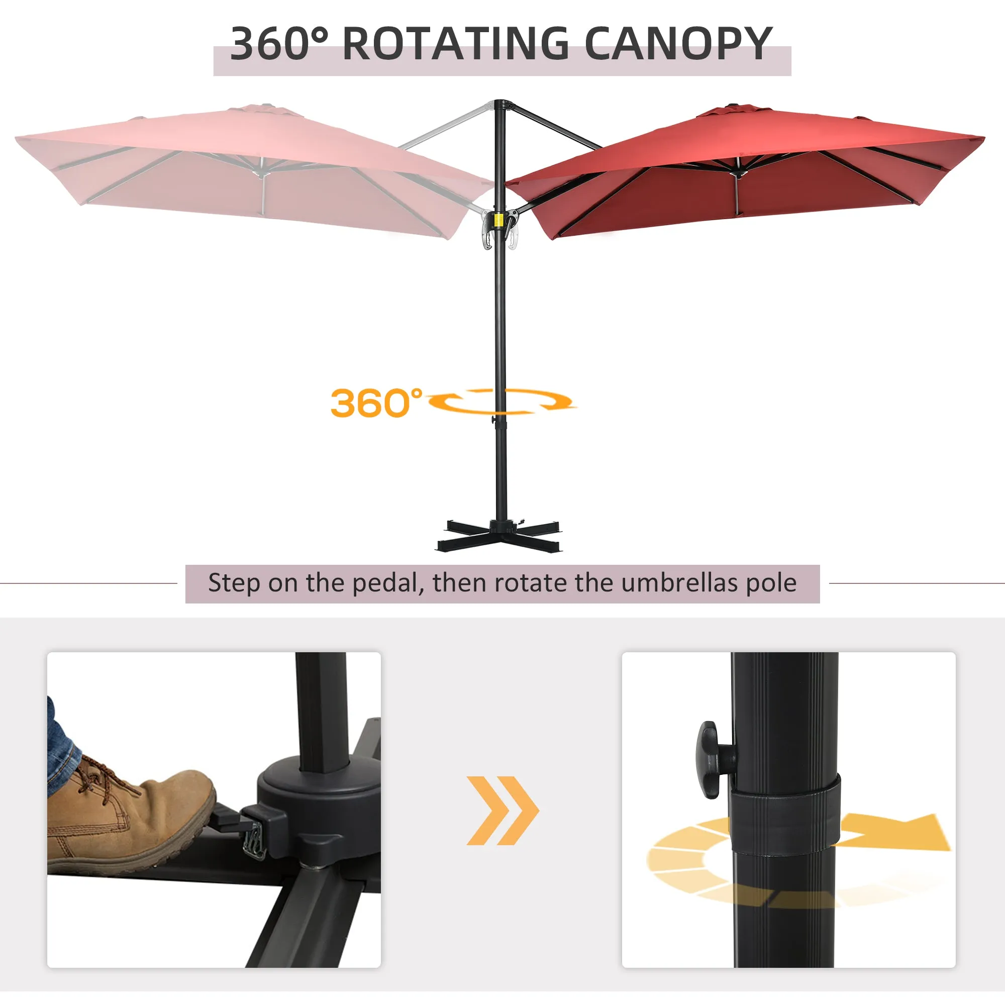 2.5x2.5m Patio Offset Parasol Umbrella Cantilever Hanging Aluminium Sun Shade Canopy Shelter 360¬∞Rotation w/Crank Handle Cross Base Wine Red