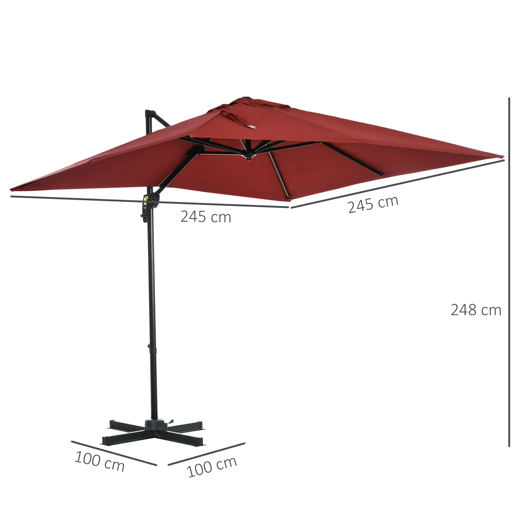 2.5x2.5m Patio Offset Parasol Umbrella Cantilever Hanging Aluminium Sun Shade Canopy Shelter 360¬∞Rotation w/Crank Handle Cross Base Wine Red