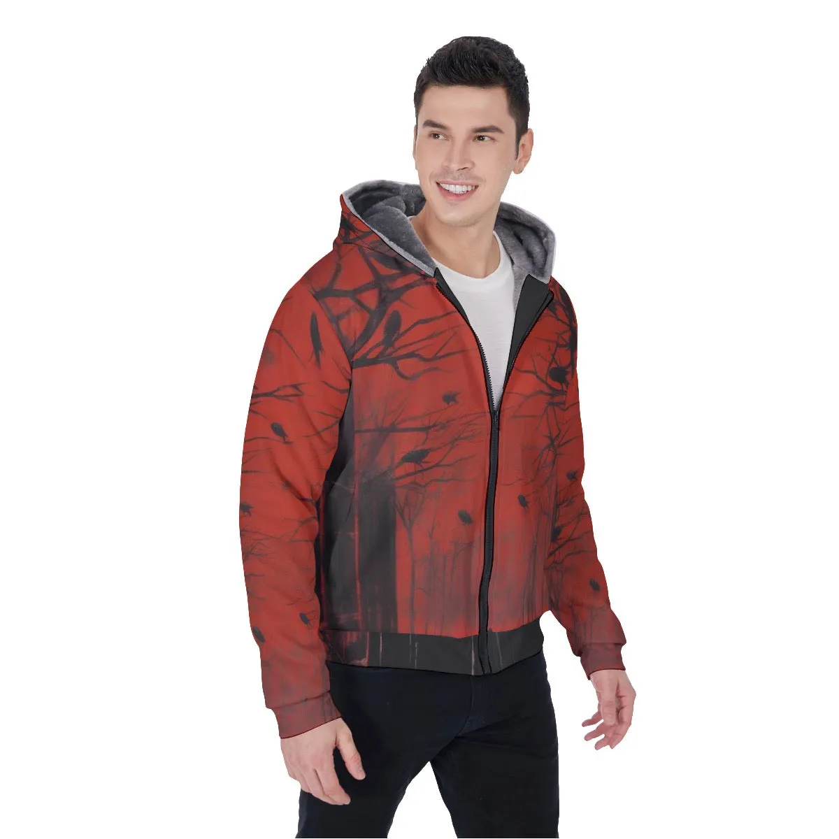 All-Over Print Men's Sherpa Fleece Zip Up Hoodie, black and red abstract, print, #25ee