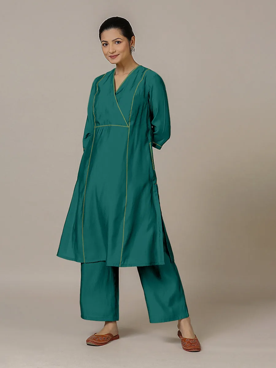 Amal x Rozaana | A Line Kurta in Peacock Green with Thread Work | Coords or Only Kurta