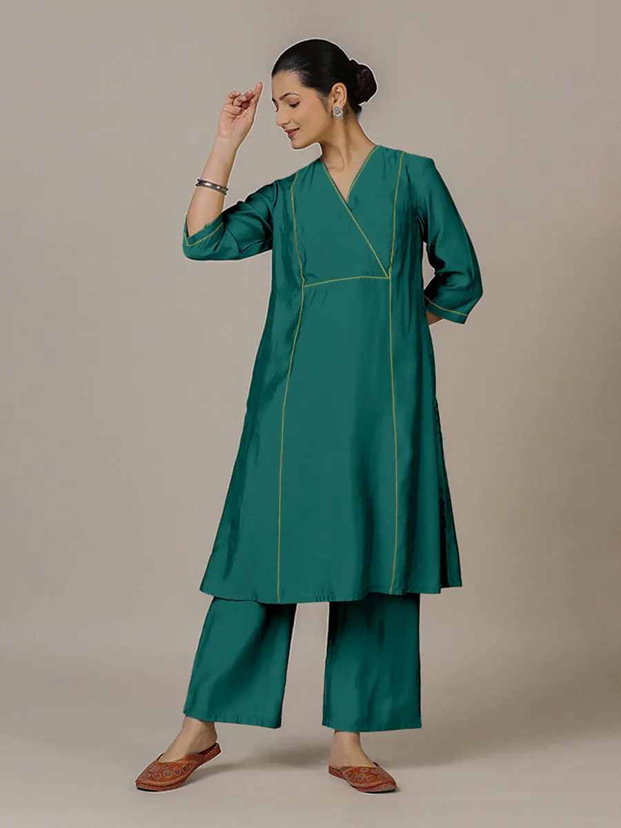 Amal x Rozaana | A Line Kurta in Peacock Green with Thread Work | Coords or Only Kurta