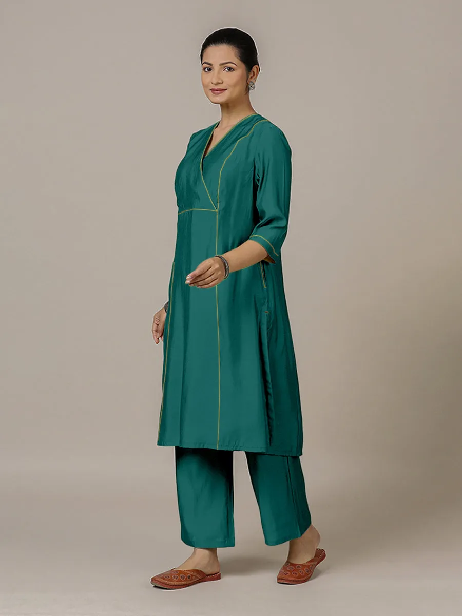 Amal x Rozaana | A Line Kurta in Peacock Green with Thread Work | Coords or Only Kurta