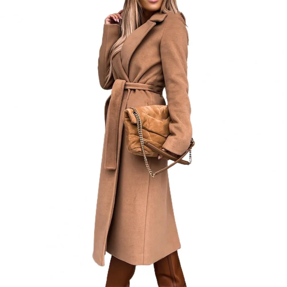 Autumn Winter Long Trench Women Belt Oversize Coat Solid Color