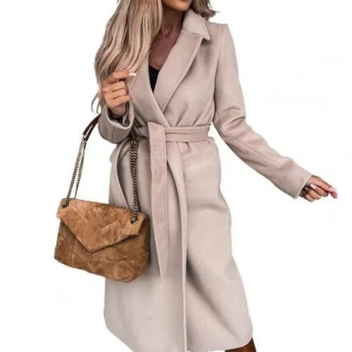 Autumn Winter Long Trench Women Belt Oversize Coat Solid Color