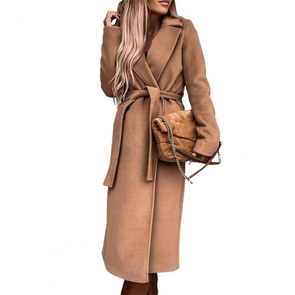 Autumn Winter Long Trench Women Belt Oversize Coat Solid Color