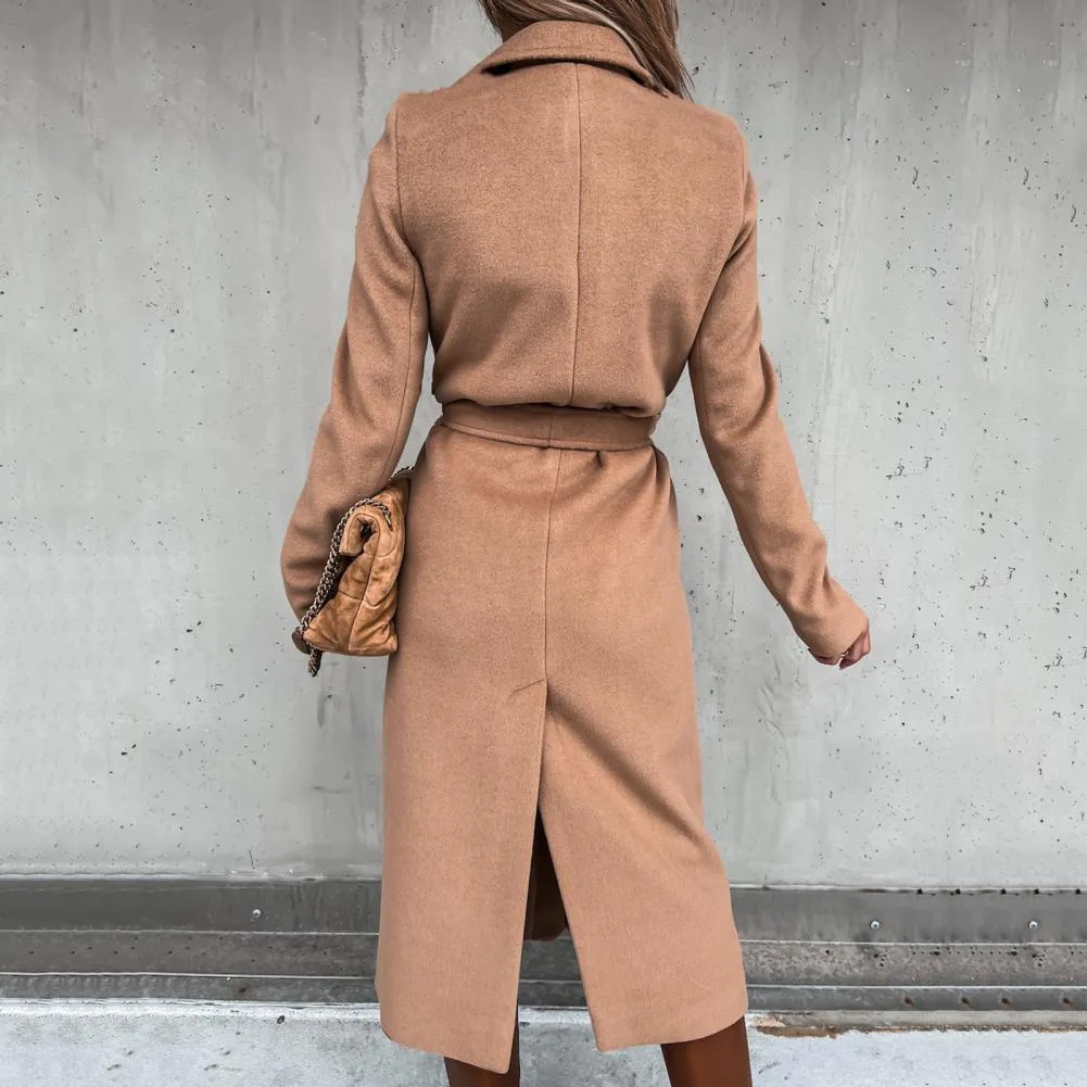 Autumn Winter Long Trench Women Belt Oversize Coat Solid Color