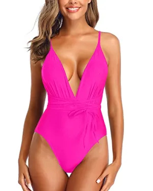 Backless Thong One Piece Swimsuits For Women Open Back Bathing Suits-Neon Pink