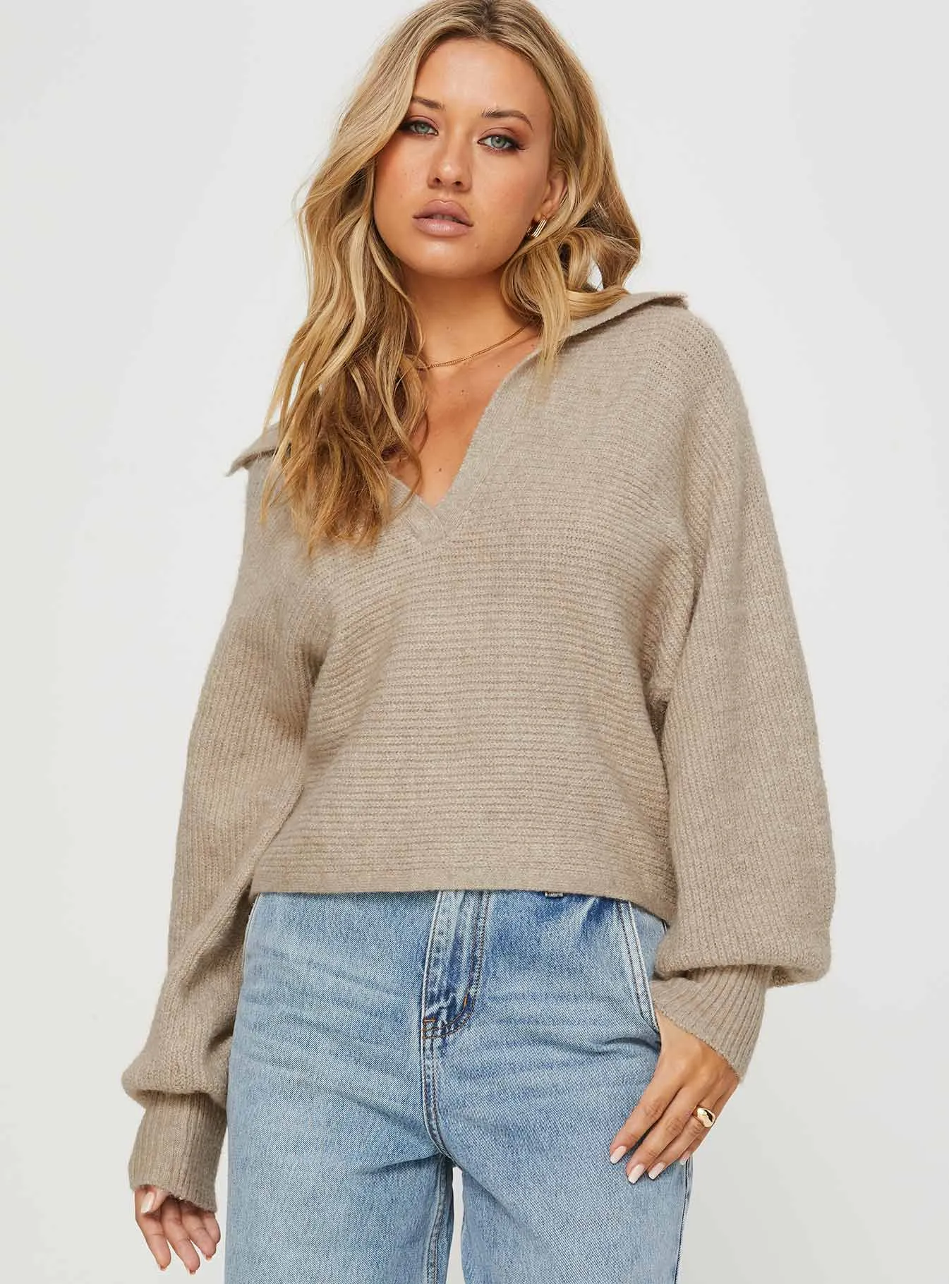 Bella Notched Neck Sweater Beige