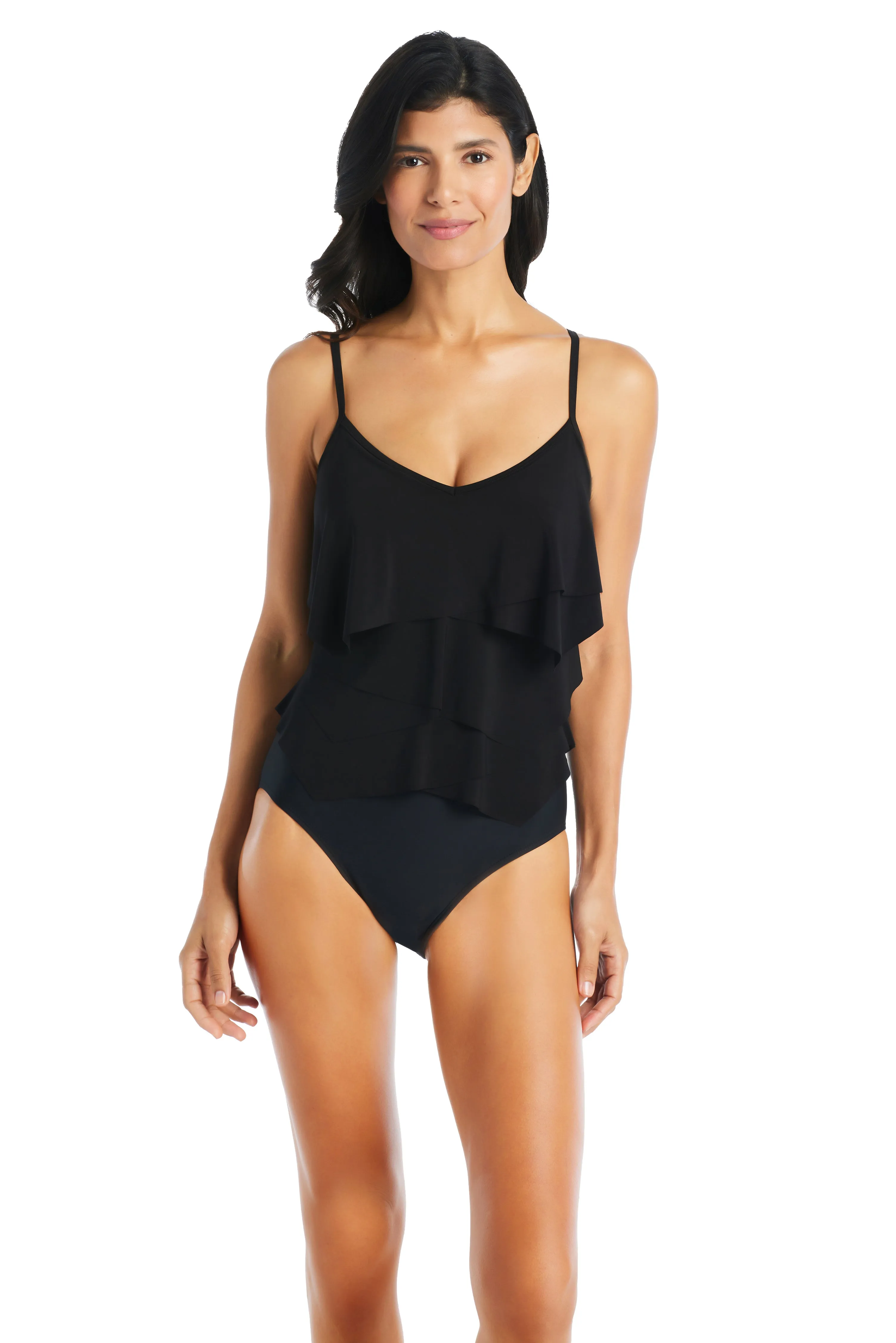 Beyond Tummy Control Solid Essentials Geometric Overlay One Piece Swimsuit