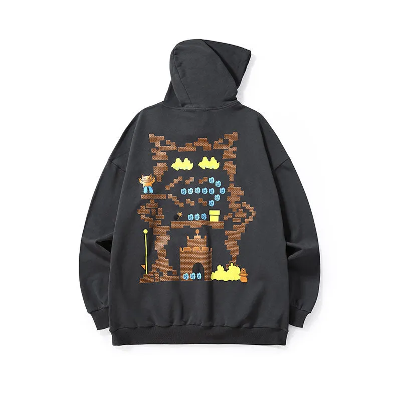 Big tooth monster print hoodie drop shoulder kangaroo hood pure cotton hoodie