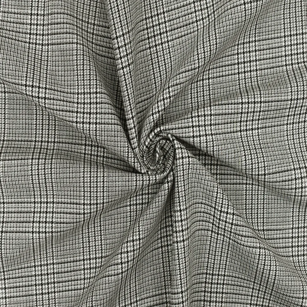 Black-White-Gray Glen Plaid Stretch Poly-Cotton Twill Woven Fabric