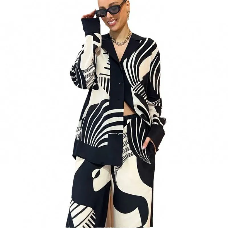 casual printed loose wide-leg pants suit