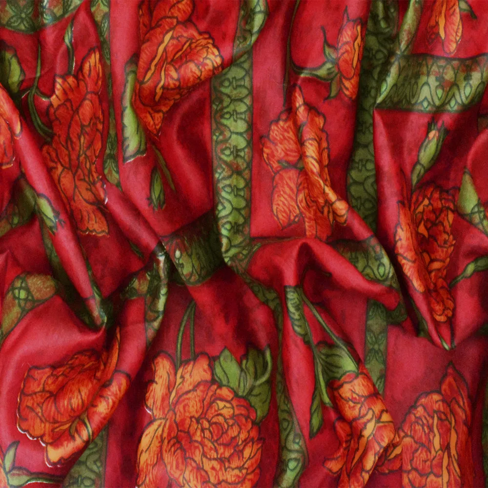 Cherry Red-Green-Multi Floral Frame Printed Cotton Sateen Fabric