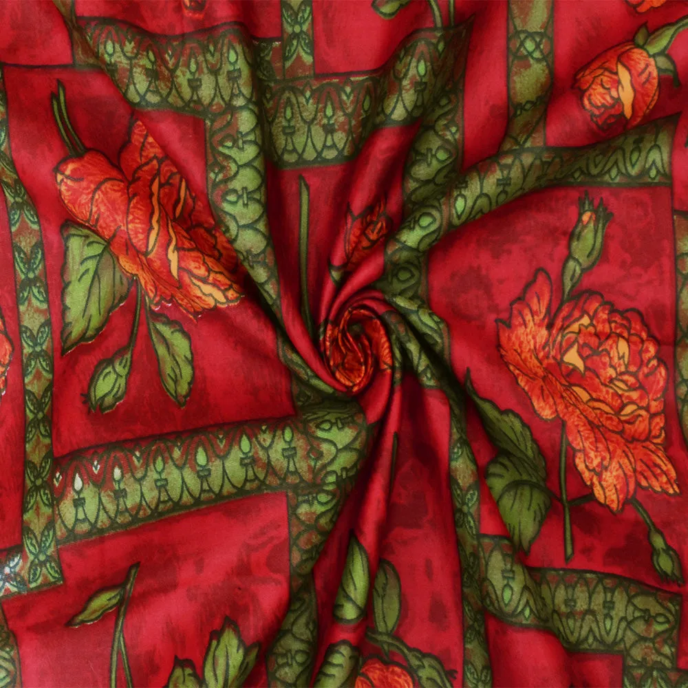 Cherry Red-Green-Multi Floral Frame Printed Cotton Sateen Fabric