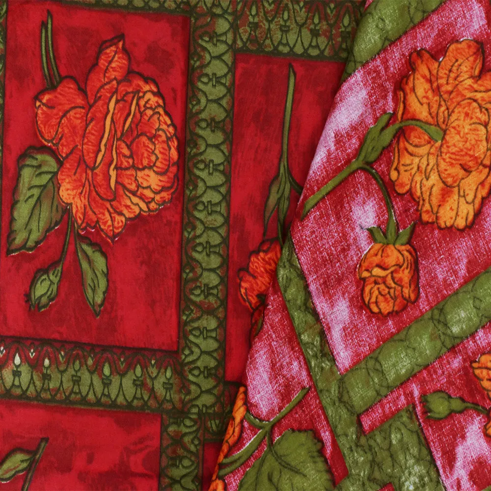 Cherry Red-Green-Multi Floral Frame Printed Cotton Sateen Fabric