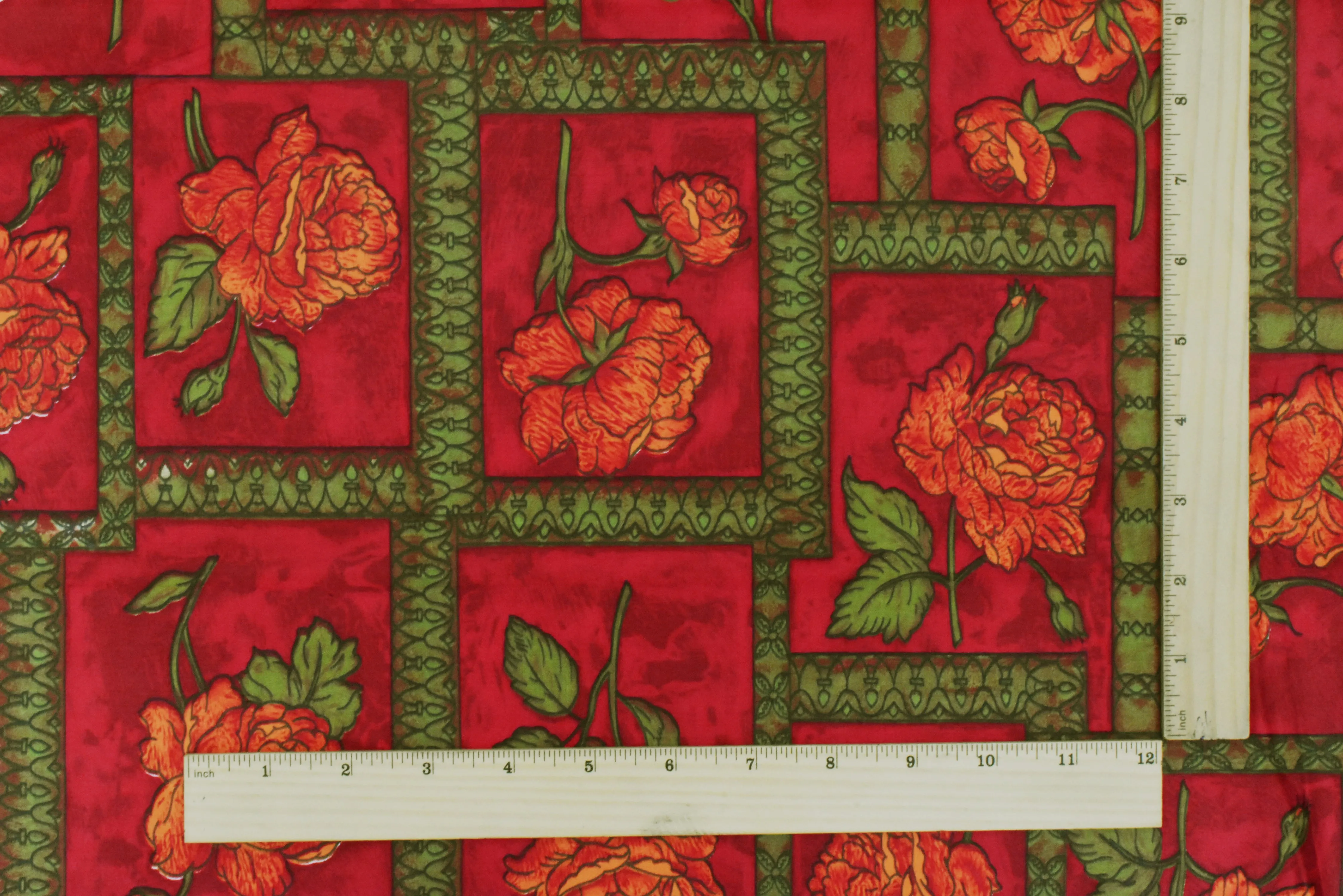 Cherry Red-Green-Multi Floral Frame Printed Cotton Sateen Fabric