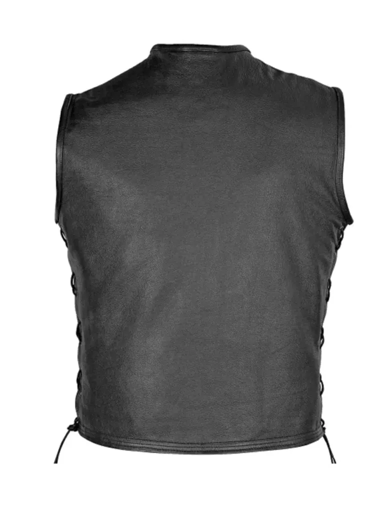 Collarless Black Genuine Leather Vest