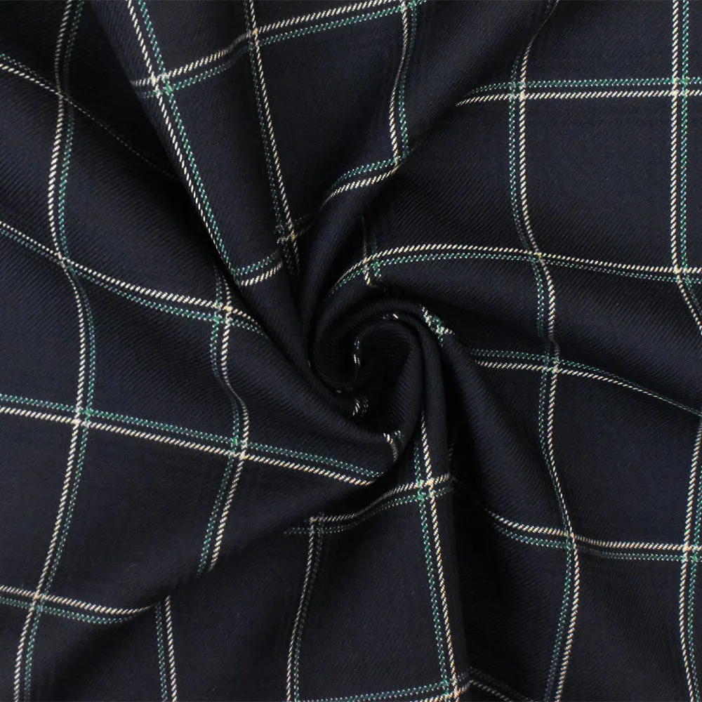 Deep Navy-Beige-Green Check Wool-Poly Twill Woven Suiting Fabric