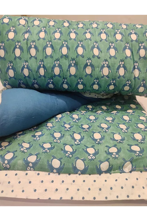 Earthen Nest Hand Block Printed Cotton Kids Quilt- Penguin