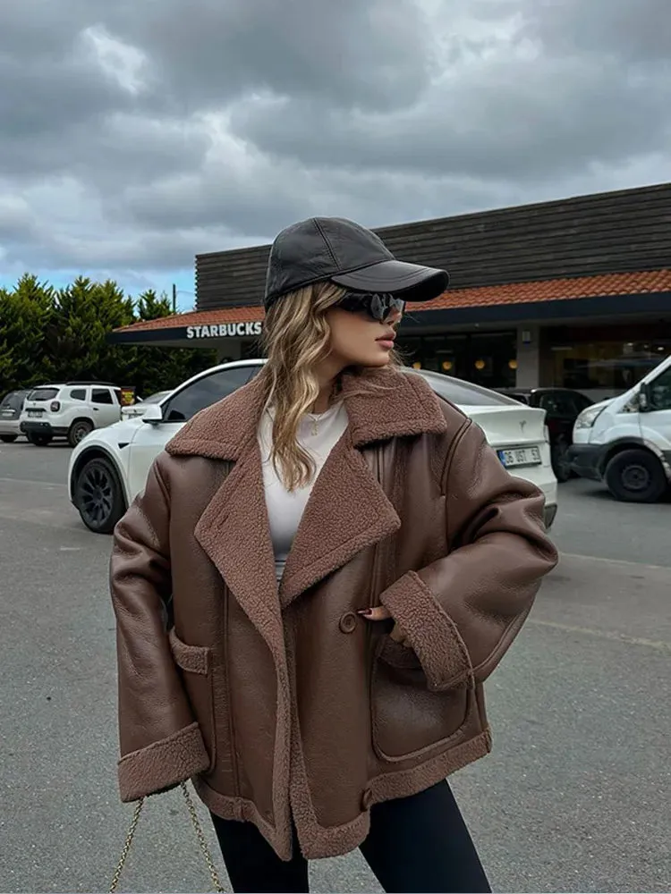 Fashionkova Vintage Brown Polar Fleece Leather Coat Women Fashion Lapel Single Breasted Packets Jacket 2024 Winter Lady Thicken Warm Outwear