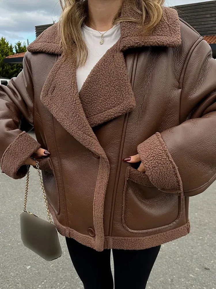 Fashionkova Vintage Brown Polar Fleece Leather Coat Women Fashion Lapel Single Breasted Packets Jacket 2024 Winter Lady Thicken Warm Outwear