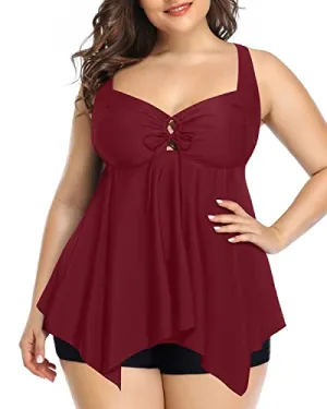 Flowy Top Plus Size Bathing Suits With Shorts For Curvy Women-Maroon