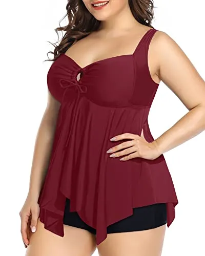 Flowy Top Plus Size Bathing Suits With Shorts For Curvy Women-Maroon