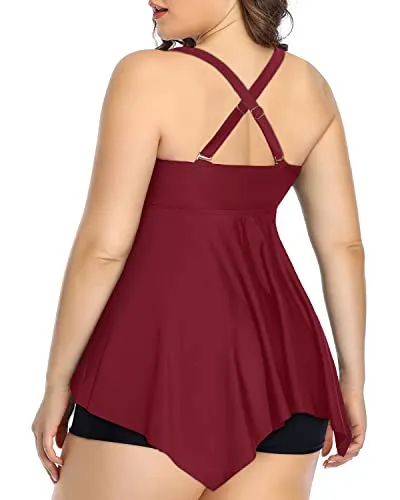 Flowy Top Plus Size Bathing Suits With Shorts For Curvy Women-Maroon