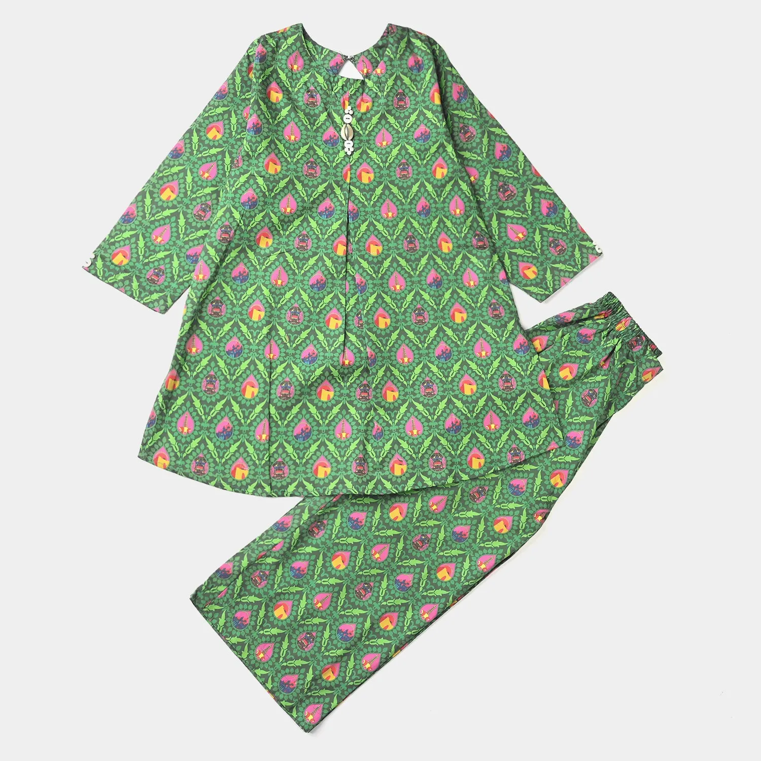 Girls Cotton Poplin IND 2Pcs Suit Damask Fusion-Green