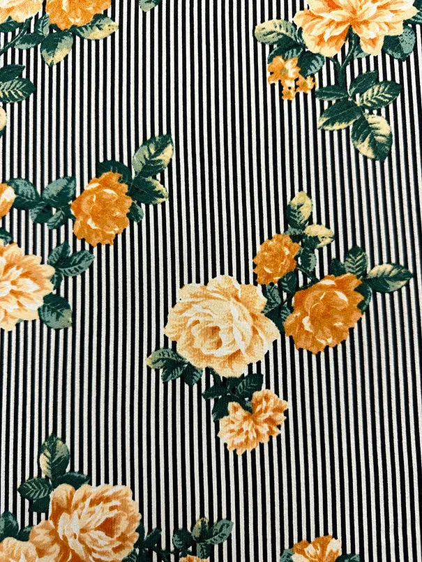 Gold Floral Black Stripe Print Double Brushed Jersey Knit Fabric