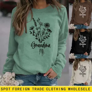 Grandma Plant Flower Letters Long-sleeved Large Size Sweater