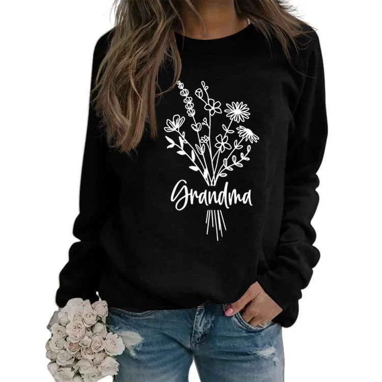 Grandma Plant Flower Letters Long-sleeved Large Size Sweater