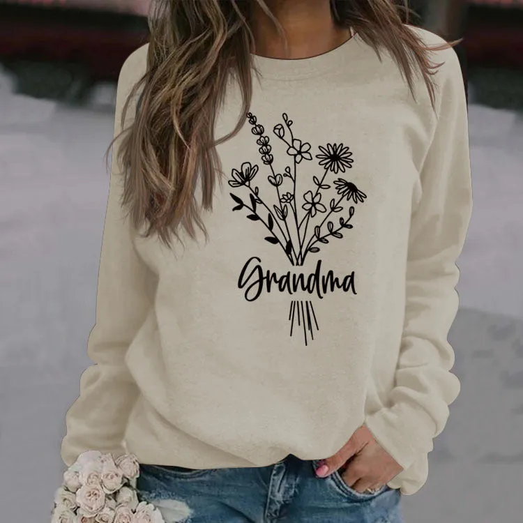 Grandma Plant Flower Letters Long-sleeved Large Size Sweater