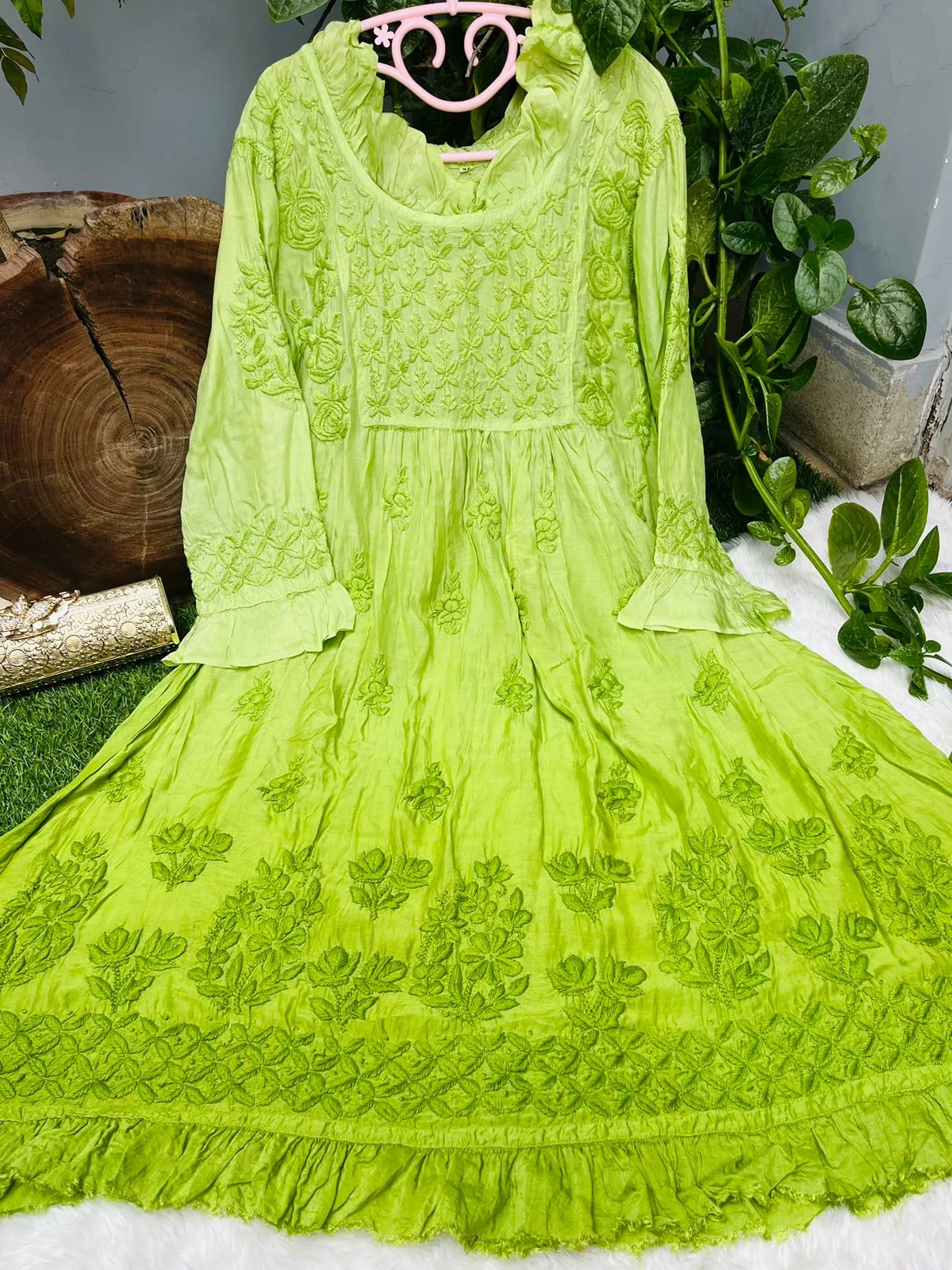 Green Super Soft Pure Muslin Lucknow Chikankari Gown with Lycra Pants