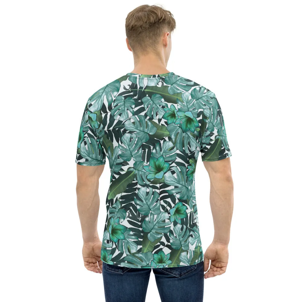 Green Tropical Leaf Men's T-shirt, Hawaiian Style Designer Tees For Men-Made in USA/EU/MX