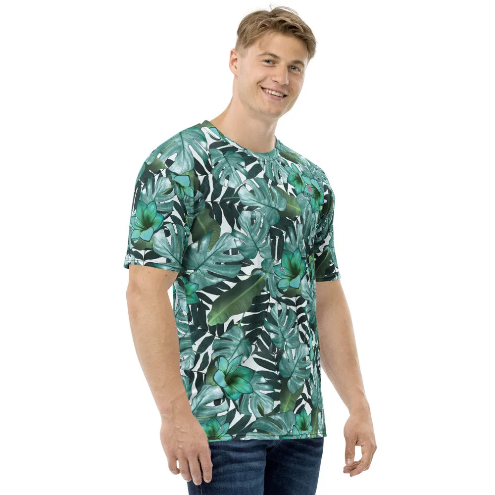 Green Tropical Leaf Men's T-shirt, Hawaiian Style Designer Tees For Men-Made in USA/EU/MX