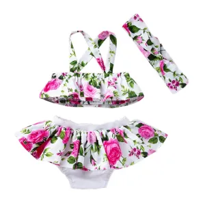 Hopscotch Girls Floral Print Slim Fit BlouseShorts Set with Headband In White Color for Ages 9-12 Months