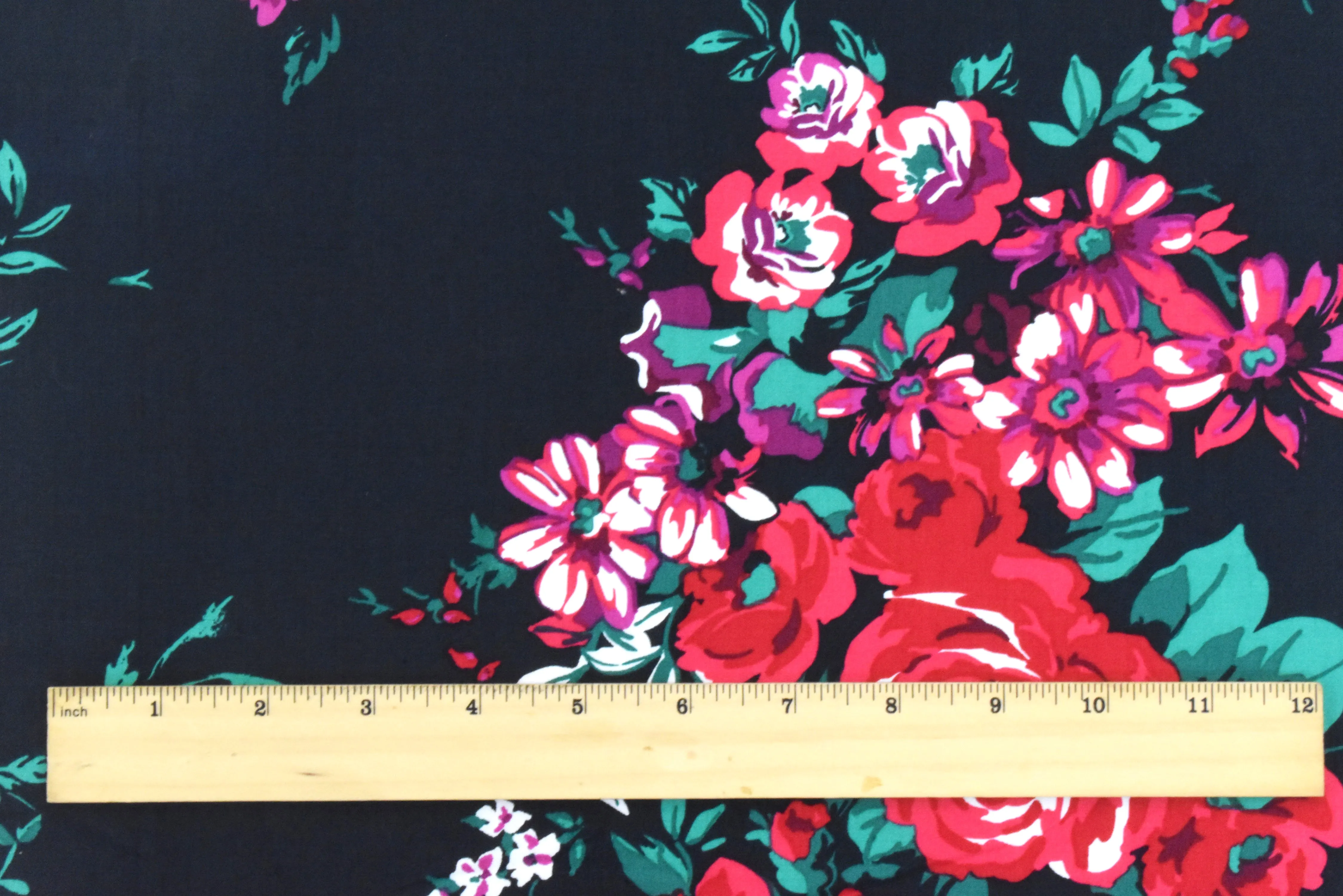 Ink Black-Red-Multi Floral Printed Stretch Broadcloth Woven Fabric