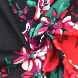 Ink Black-Red-Multi Floral Printed Stretch Broadcloth Woven Fabric