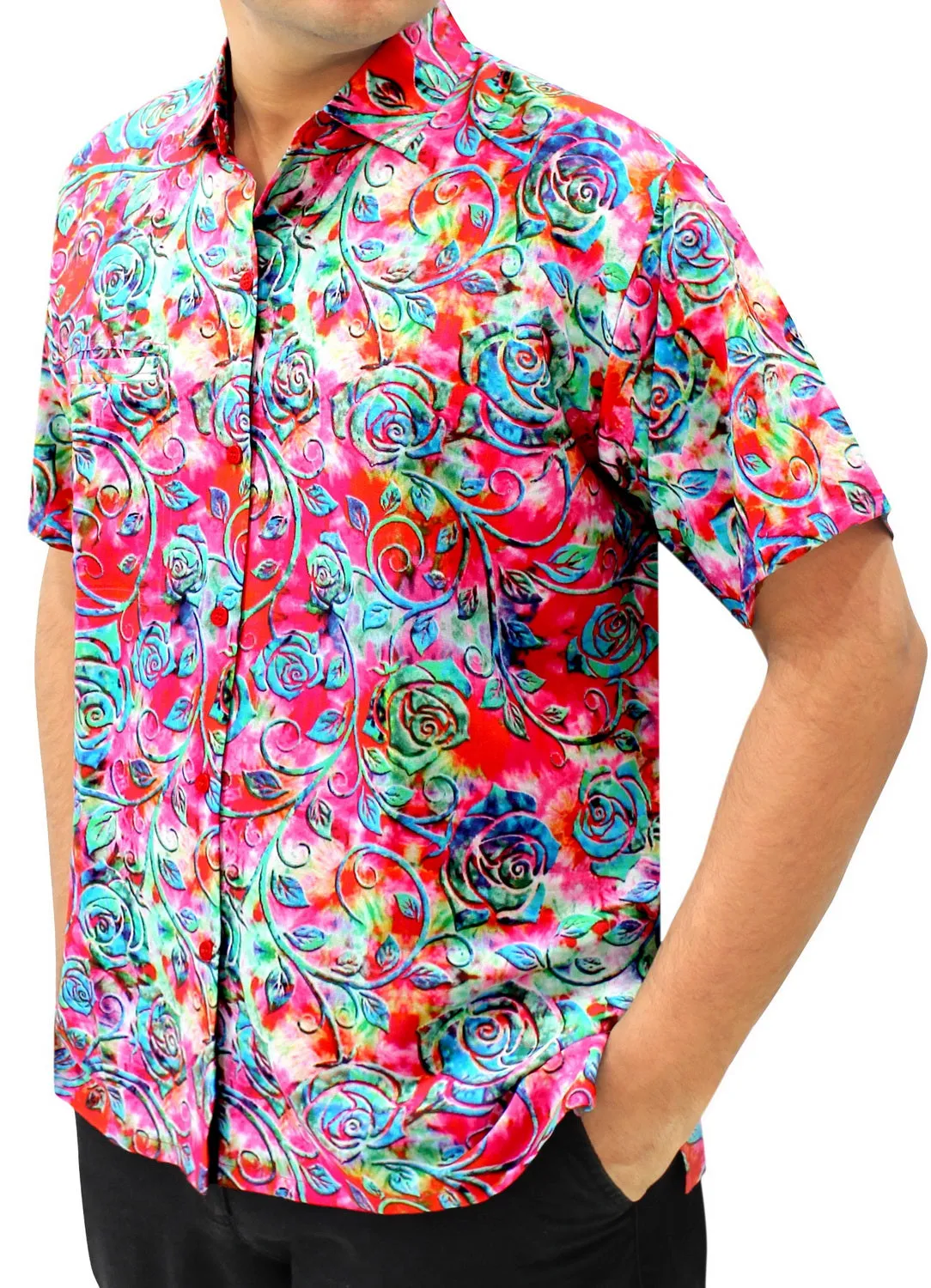 La Leela Men's Support Pink Breast Cancer Hawaiian Vine Print Beach Aloha Tropical Shirt Pink_W566