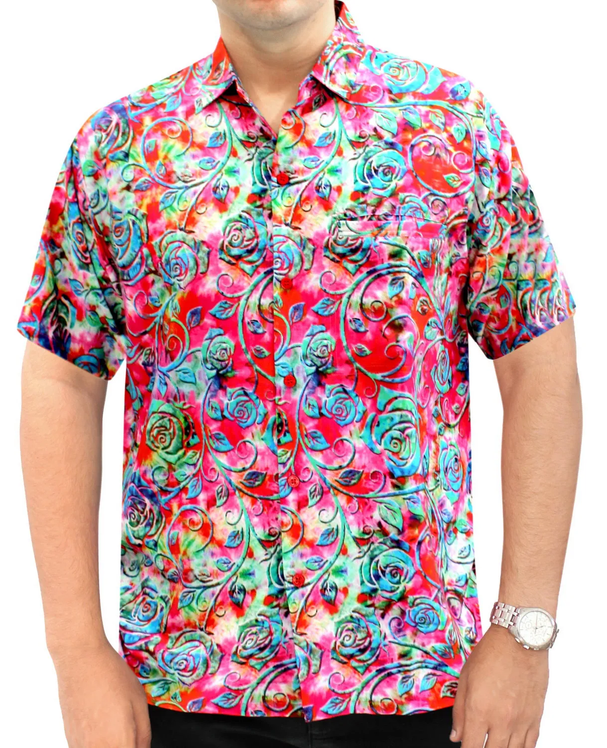 La Leela Men's Support Pink Breast Cancer Hawaiian Vine Print Beach Aloha Tropical Shirt Pink_W566