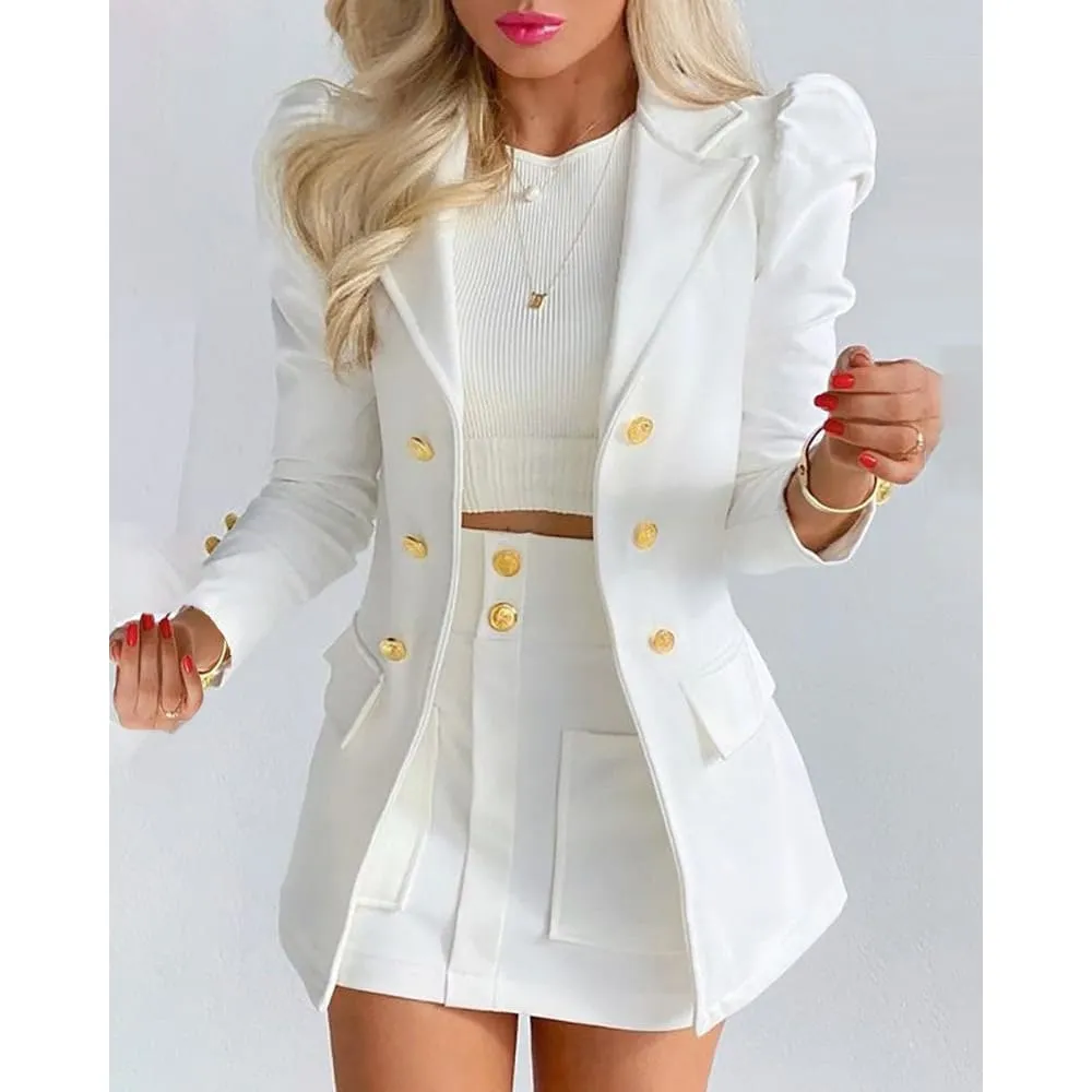 Lapel Collar Side Flap Pocket Blazer & Front Pockets Mini Skirt Set