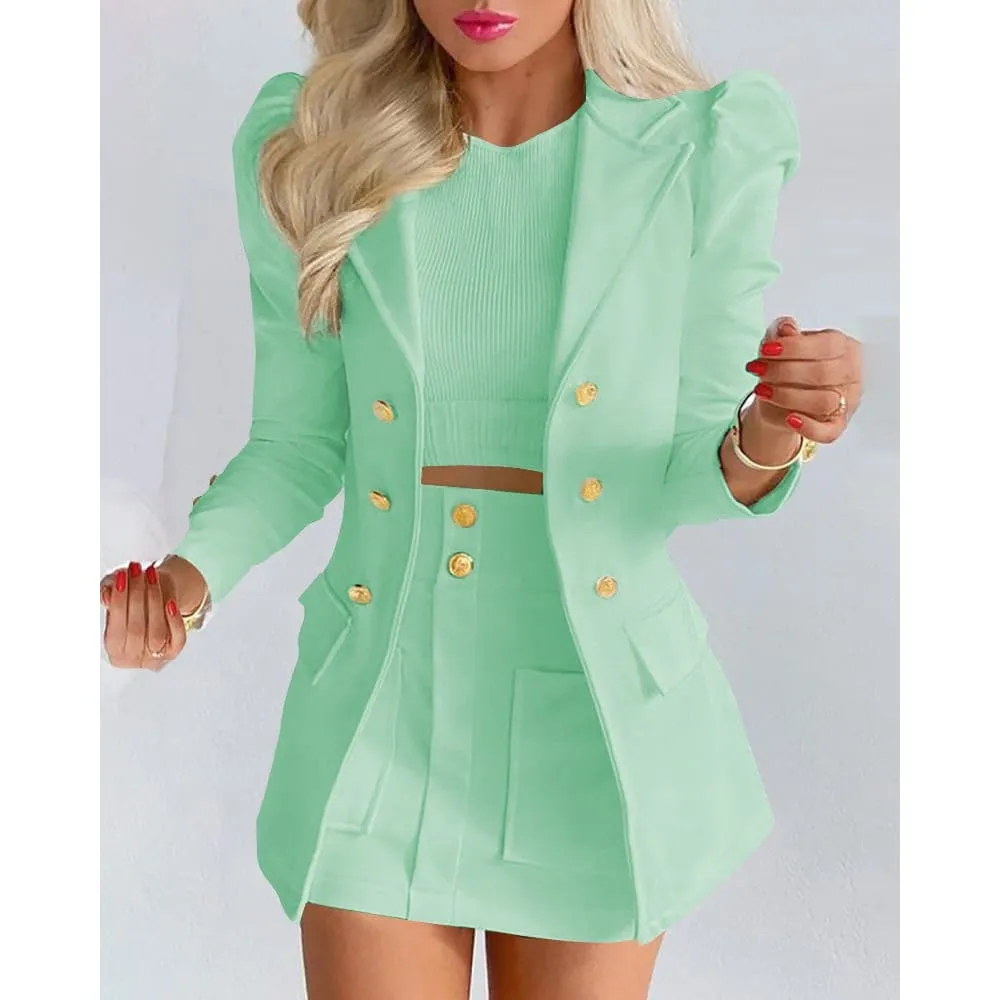 Lapel Collar Side Flap Pocket Blazer & Front Pockets Mini Skirt Set