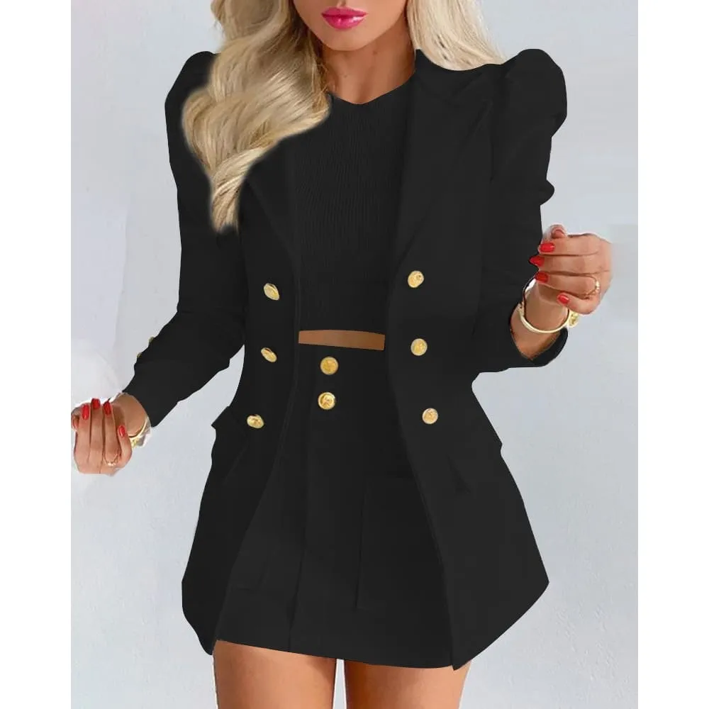 Lapel Collar Side Flap Pocket Blazer & Front Pockets Mini Skirt Set