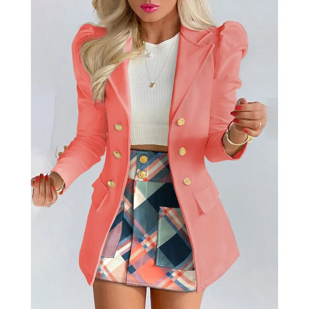 Lapel Collar Side Flap Pocket Blazer & Front Pockets Mini Skirt Set